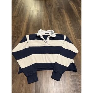 Brandy Melville Rugby Polo Shirt One Size Blue White Striped Cropped Long Sleeve